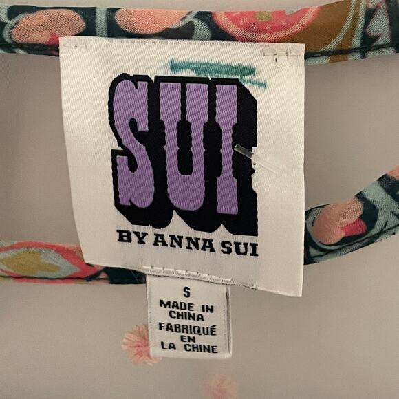 SUI by Anna Sui Sheer Embroidered Flounce Top Womens Small Floral Prairie Blouse - Picture 4 of 6